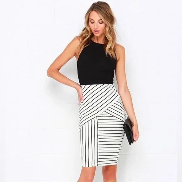 NWOT Lulus Kiss Cross Black and Ivory Striped Midi Dress - Picture 4 of 10